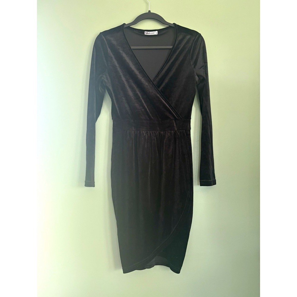 MS BASIC Women's Black Velvet Wrap Dress V-Neck Ruched Stretch Long Sleeve M